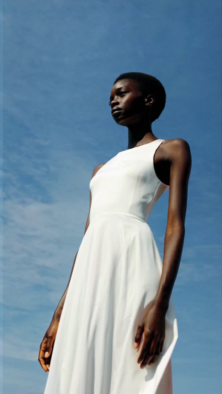 Low-angle shot of a woman in a white dress against a clear blue sky, capturing a serene and elegant