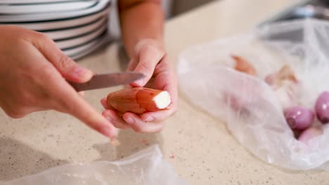 hands peel shallots on a countertop, with natural lighting and a casual kitchen atmosphere