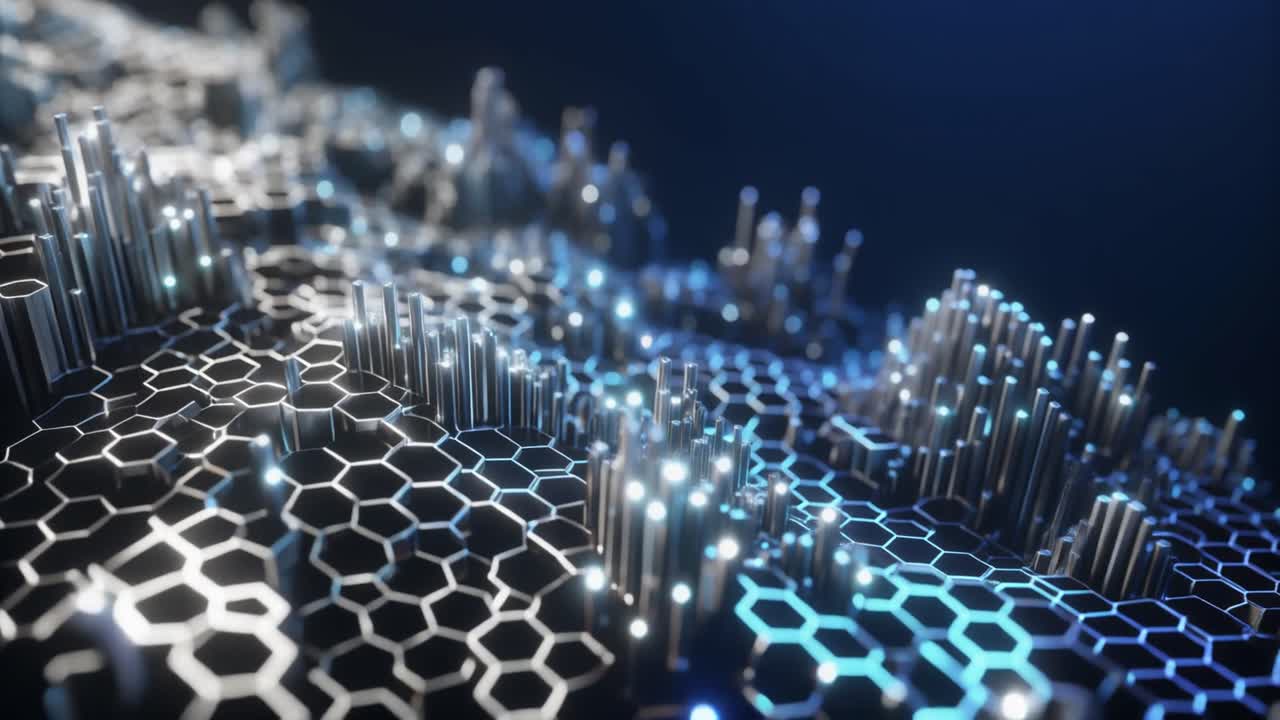 Grille hexagonale abstraite en mouvement avec piliers ascendants et lumières brillantes