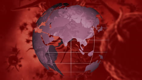 Animation of graphical earth rotating over virus cells floating on brown background