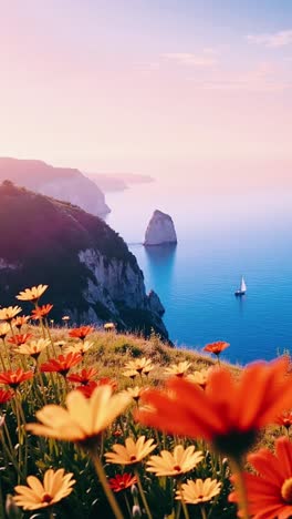 vibrant coastal landscape with sailboat, cliffs, and wildflowers at sunset