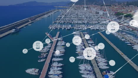 animation of network of connections with icons over marina