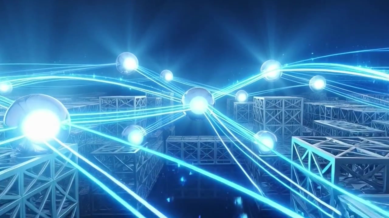Abstract Digital Network Connecting Glowing Spheres Over Metallic Grid Structures