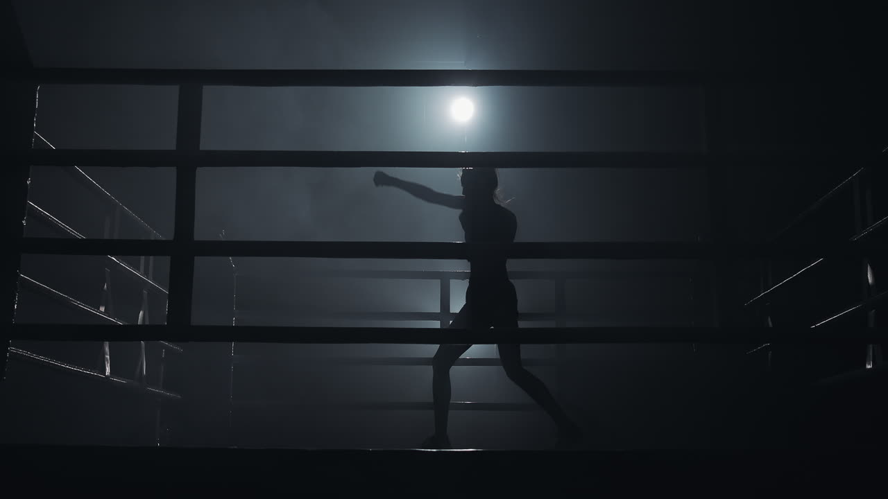 Silhouette of a Boxer Training in a Misty Ring