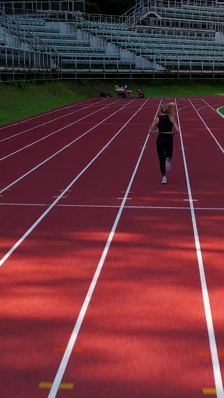 Una mujer rubia en forma con ropa deportiva negra trotando en una pista de atletismo profesional. Ideal para contenido de fitness, entrenamiento deportivo y estilo de vida saludable.