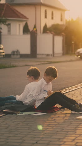 schoolboys sit back to back and prepare for exam and throw book on street pavement against bright sunlight