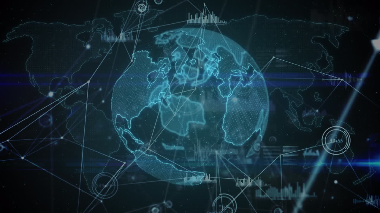Animation of globe, network of connections and data processing on black background