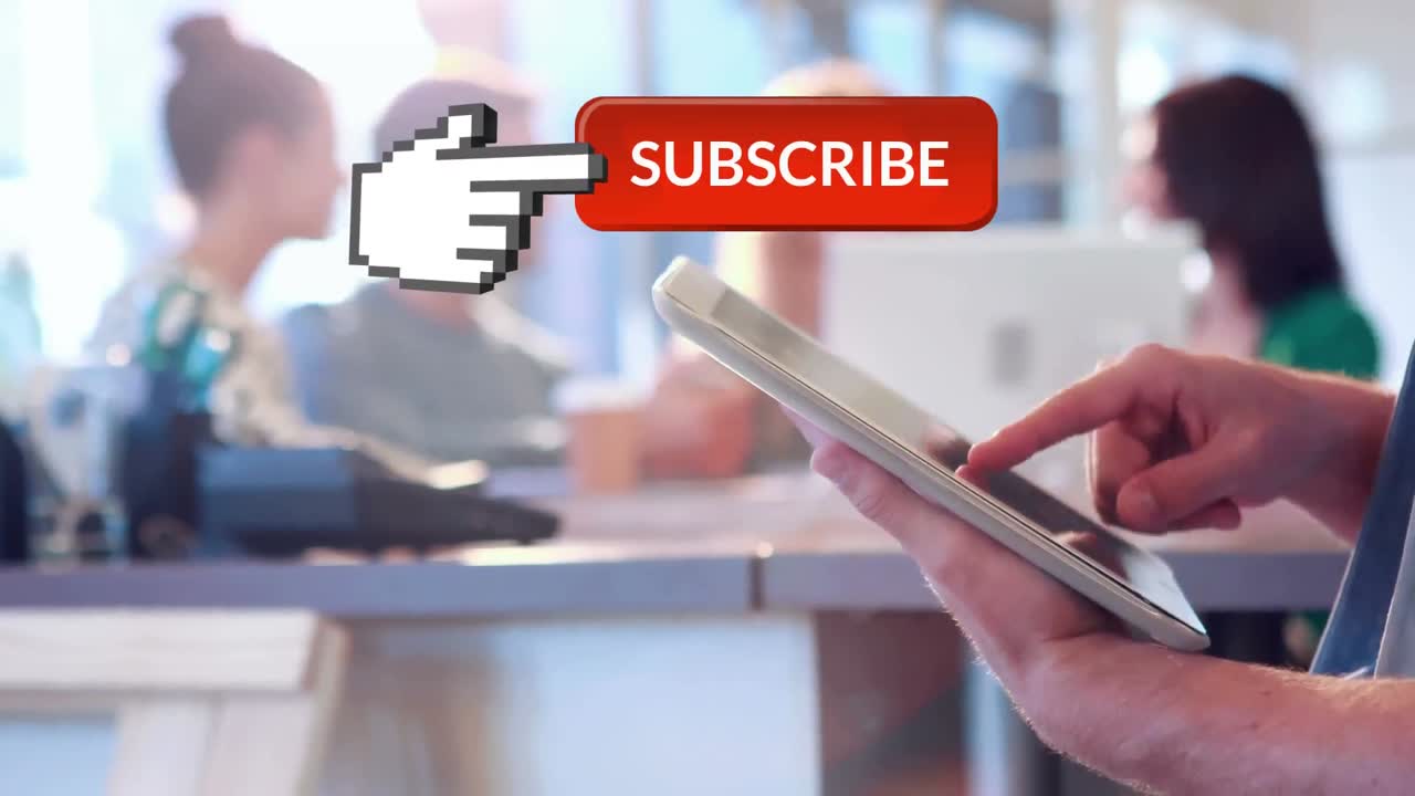 Man using a tablet and a subscribe button for social media