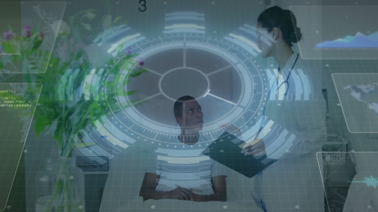Consulting patient, doctor using digital data processing animation in office