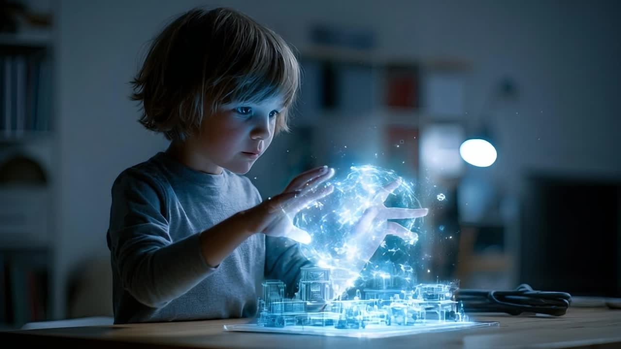 Et lite barn utforsker en glødende modell av en hologramby om natten