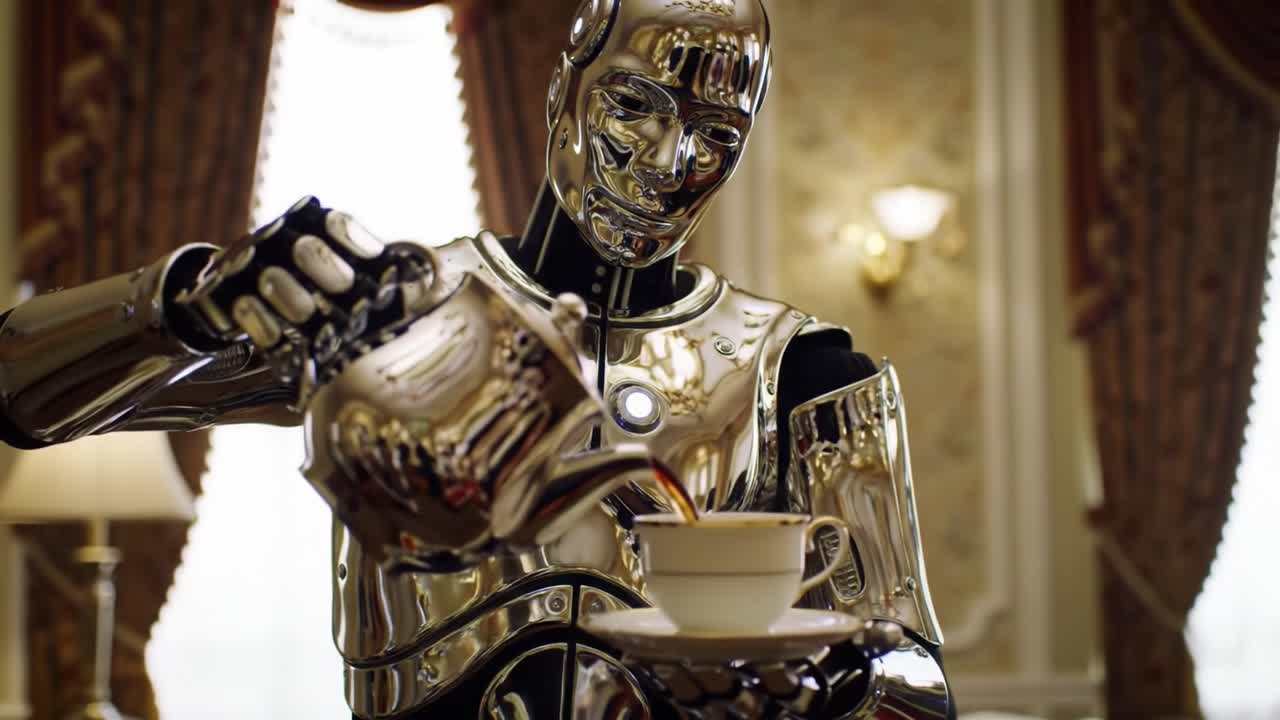 A polished robot carefully pours tea into a delicate cup while standing in an elegant room filled with luxurious decor. The atmosphere is serene and sophisticated, perfect for afternoon relaxation.