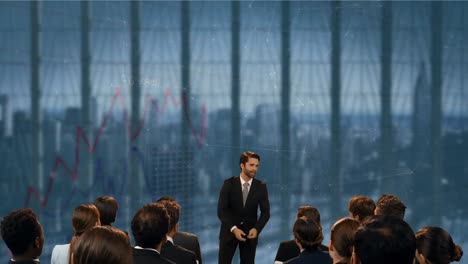 animation of caucasian businessman making presentation to diverse businesspeople over cityscape