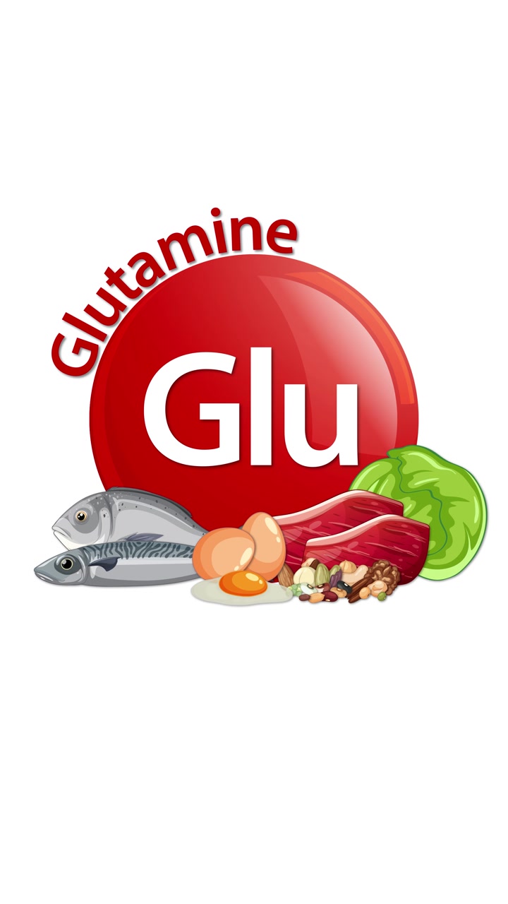Icona rossa di Glutammina si anima mentre pesce, uova, carne, noci e verdure a foglia verde appaiono in sequenza, evidenziando le fonti alimentari. Sfondo bianco pulito, transizioni fluide, layout verticale.