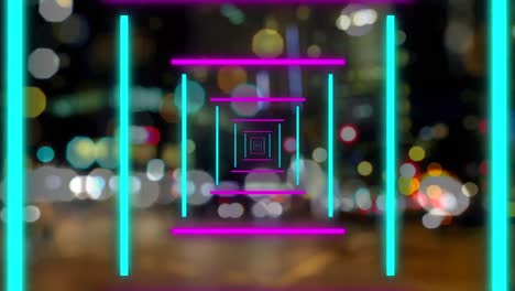 Animation-of-green-and-pink-neon-lines-moving-over-blurred-night-cityscape