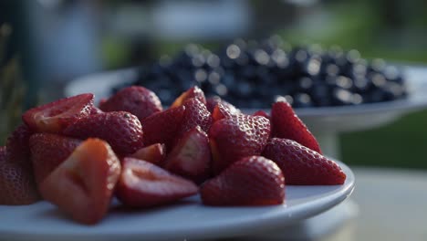 primer plano de un plato de fresas afuera en una recepción de boda con un plato de arándanos al fondo
