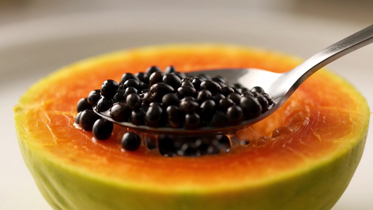 Skje øser svarte frø fra fersk moden papaya