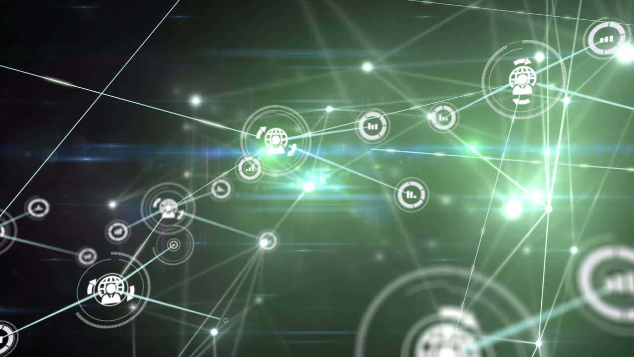 animación de redes de conexiones con iconos en fondo negro