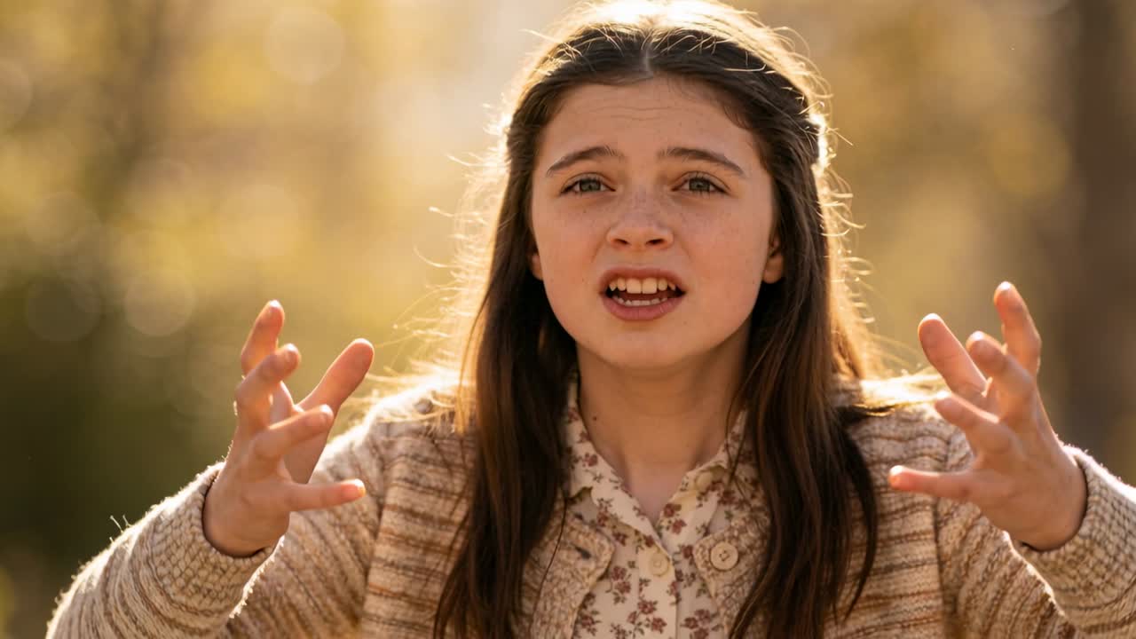 Un adolescente teso inizia a parlare, gesticolando in un bosco illuminato dal sole, mentre si calma, indossando un cardigan lavorato a maglia e una blusa floreale.