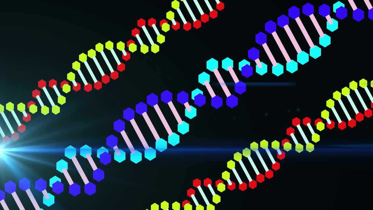 Animation of colorful DNA strands with hexagonal patterns on dark background