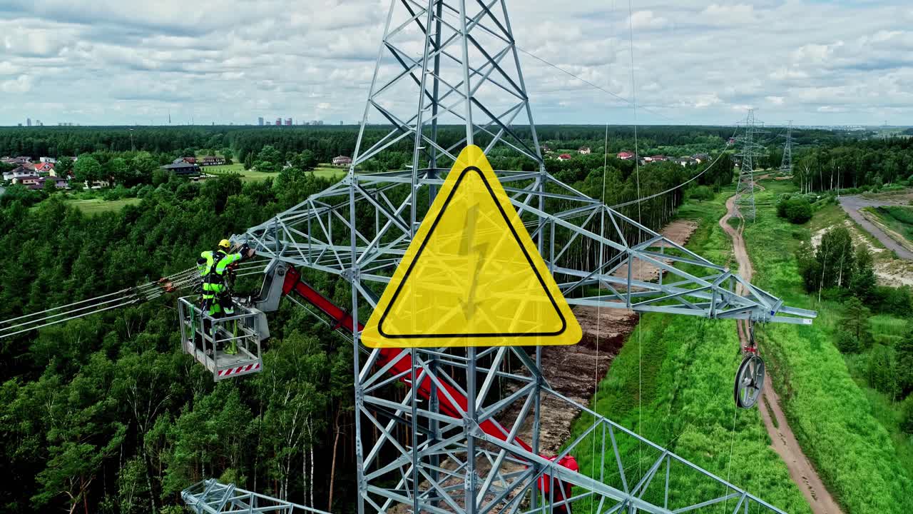 Lineman workers repairing power lines on transmission tower with high voltage warning symbol for electricity danger