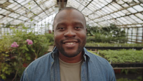 portrait of positive african american man in greenhouse