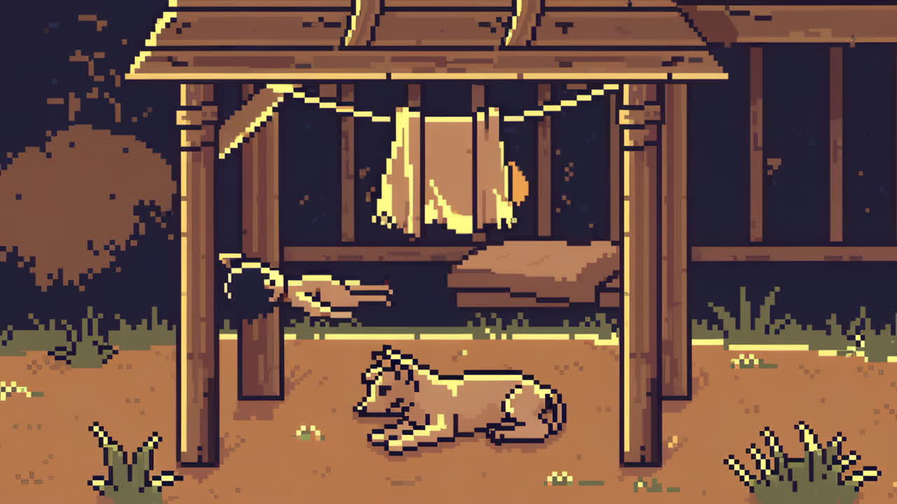 Pixel Art Cabin Scene at Night