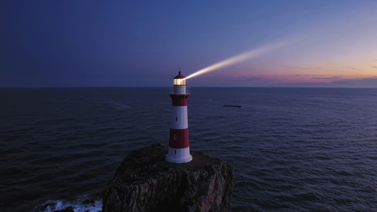 Video aereo di un faro su una scogliera rocciosa al crepuscolo, che proietta la luce sull'oceano