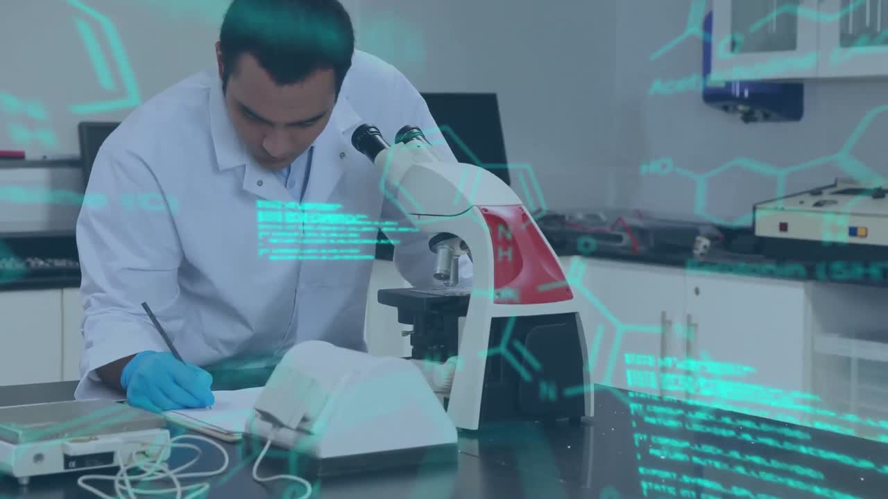 animación del procesamiento de datos científicos sobre un científico caucásico