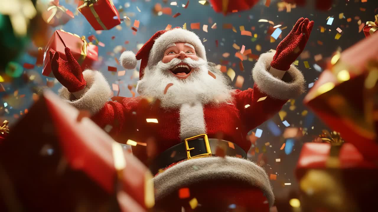 Santa Claus surrounded by presents and confetti