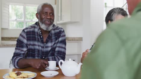 Two-diverse-senior-couples-sitting-by-a-table-drinking-tea-together-at-home