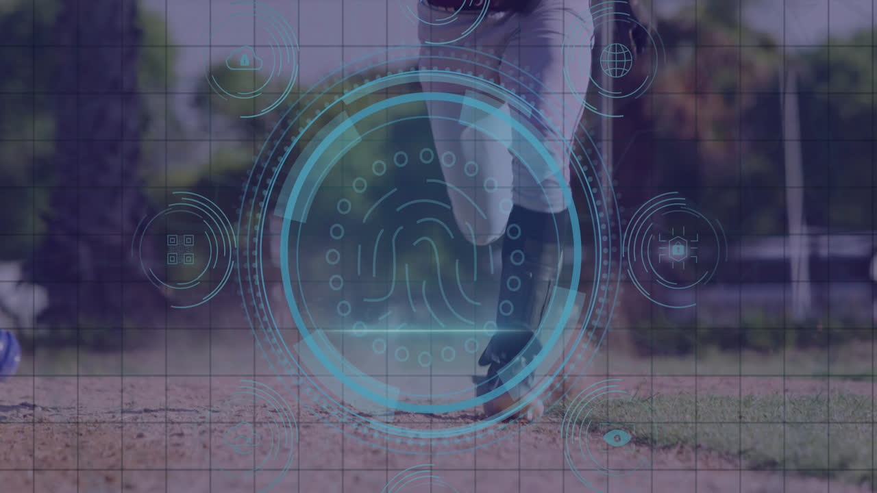 man stepping on gravel pathway, showing digital fingerprint interface for security technology
