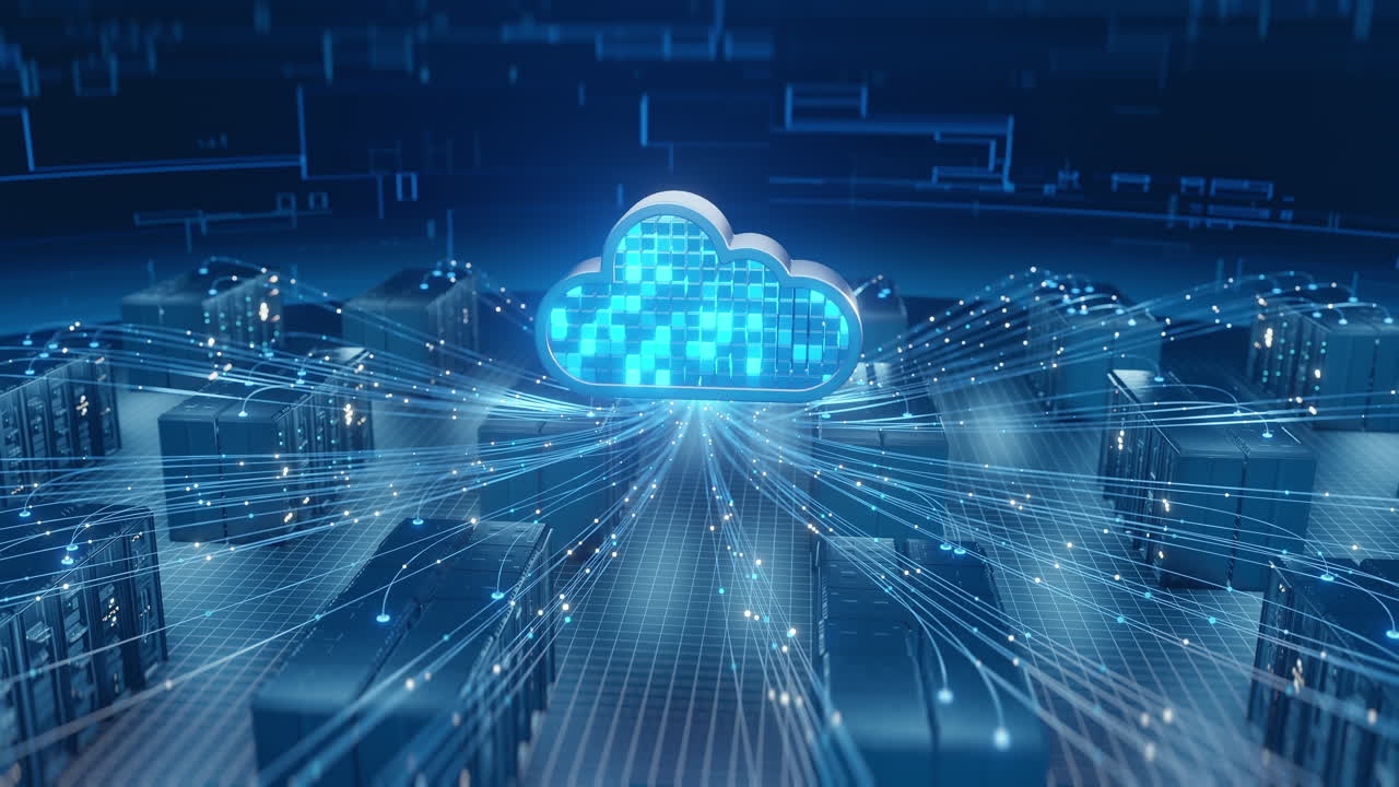 Abstract visualization of cloud computing connecting to server racks in a data center, representing data transfer, network communication, and modern digital technology