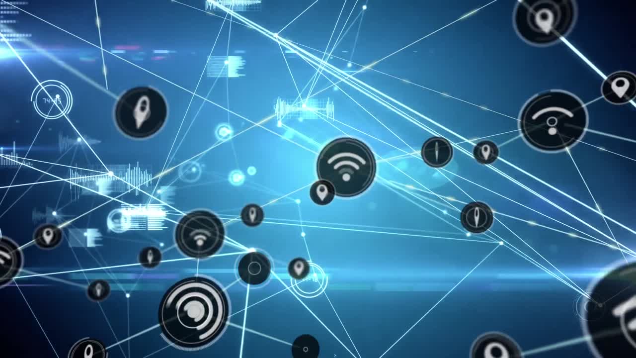 animación de la red de conexiones con iconos sobre puntos brillantes