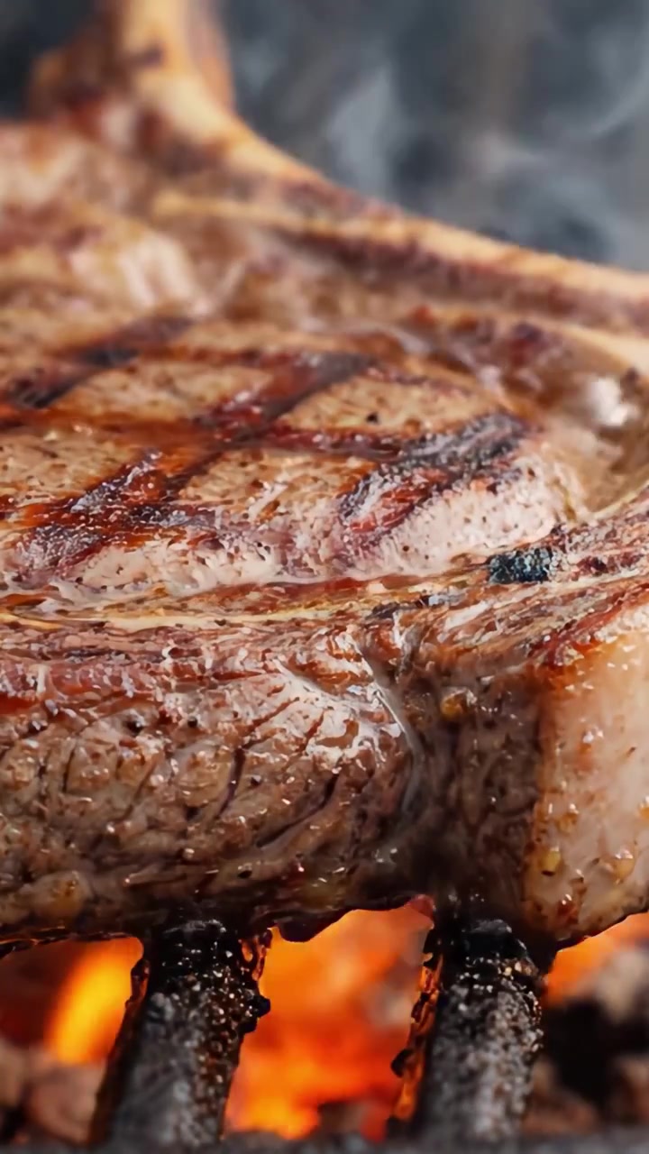Sizzling Perfection: Close-Up of Grilled Steak on Fire, Showcasing Juicy Texture and Mouthwatering Char, Perfect for Food Lovers and Culinary Enthusiasts