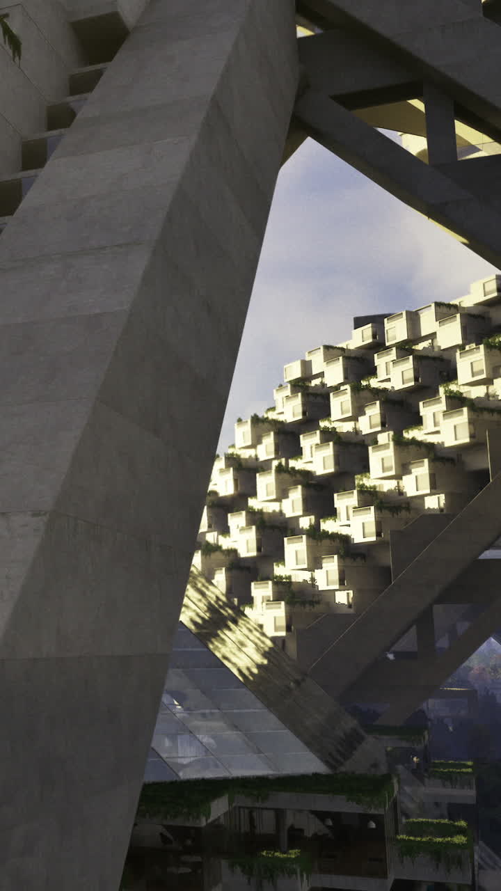 Estructura de hormigón con diseño angular y unidades apiladas en un sitio urbano.