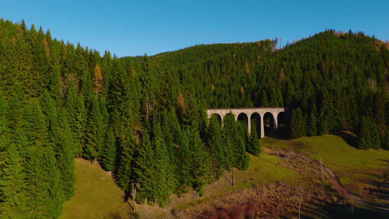 Aerial shot of the Telgárt railway viaduct in Slovakia, set among dense evergreen forest and rolling hills under a bright blue sky