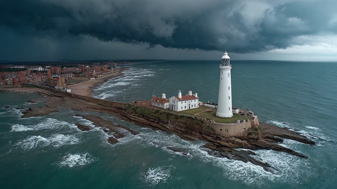 Paesaggio costiero drammatico con un faro di luce: un faro che sfida i cieli tempestosi sopra le onde dell'oceano e le rocce scoscese in un'atmosfera serena ma inquietante