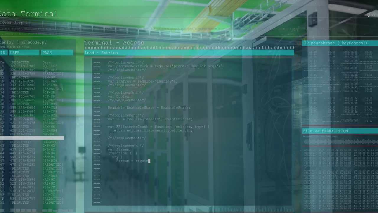 animazione dell'interfaccia con elaborazione dei dati e punti luminosi contro la sala server del computer