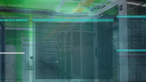 animation of interface with data processing and light spots against computer server room