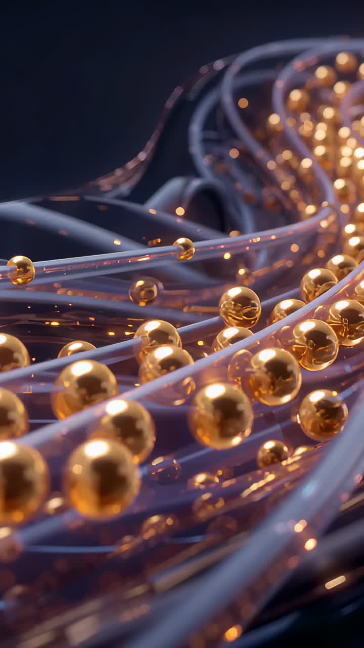Vertical video: Moving camera showing deeper layers of tubes at dark set, with shiny gold spheres