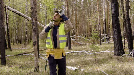 caucasian man activist carrying small trees in a sack while walking in the forest