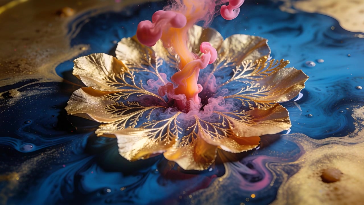 Petali dorati che assorbono pigmento arancione-rosa mentre una colonna si innalza in un vassoio blu, creando anelli marmorizzati.