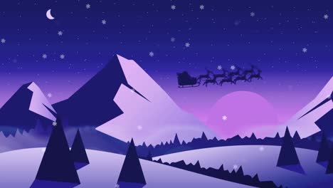 Animation-Des-Weihnachtsmanns-Im-Schlitten-Mit-Rentieren-über-Fallendem-Schnee-Und-Mond-Auf-Violettem-Hintergrund