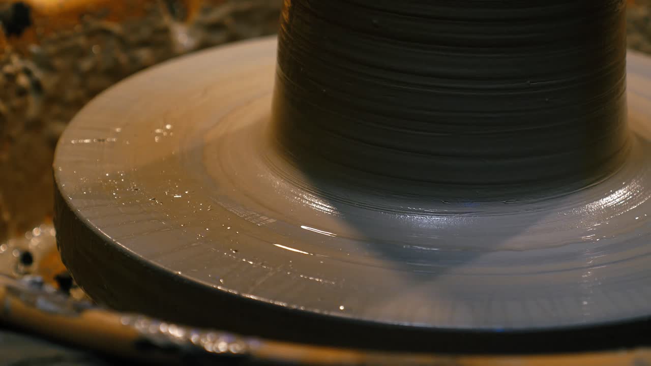 Vaso in argilla umida che gira rapidamente su un tornio durante il processo di creazione. Vista dinamica della lavorazione della ceramica in uno studio artigianale