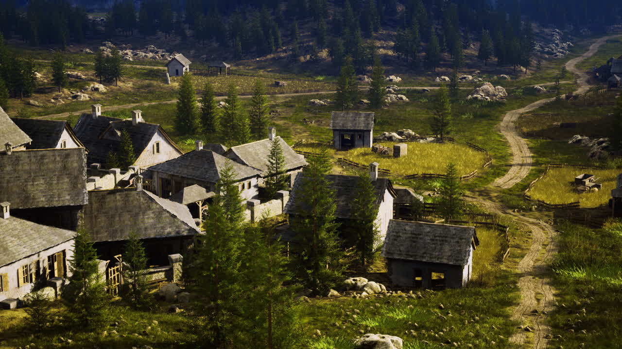 Picturesque village nestled in serene forested landscape during golden hour