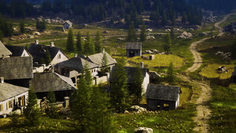 picturesque village nestled in serene forested landscape during golden hour