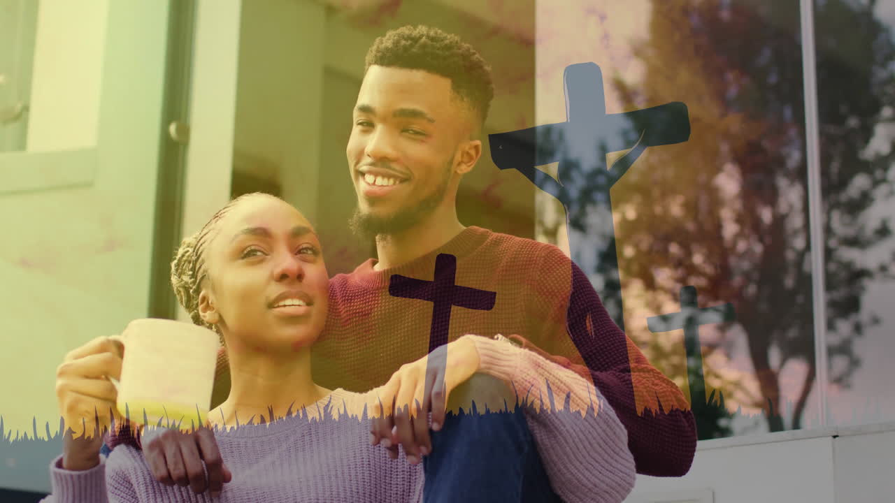 Sitting together, couple enjoying coffee with cross animation in background