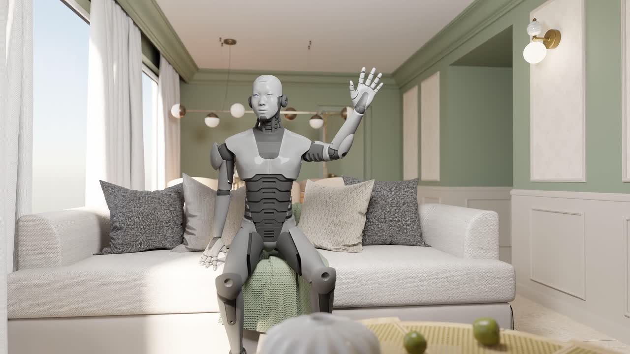 robot humanoide cibernético dice hola saludando mientras está sentado en una habitación de apartamento moderno, prototipo de inteligencia artificial tomando el control de la tarea diaria