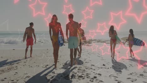 animación de estrellas de neón sobre la espalda de diversos amigos caminando por la playa con tablas de surf