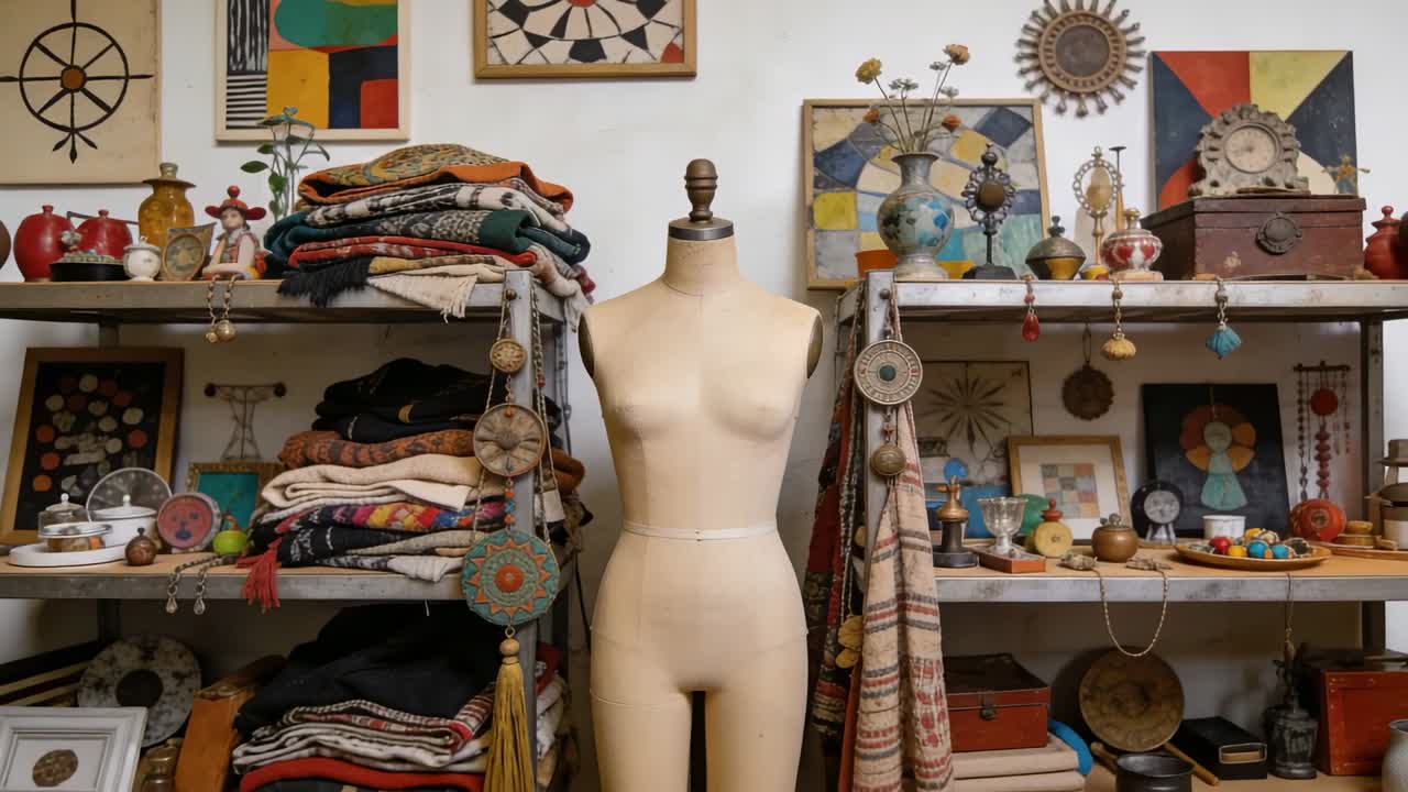 Indietreggiando e abbassando la telecamera, l'esposizione della boutique rivela un manichino sartoriale e tessuti impilati.